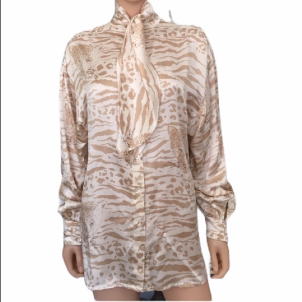 Vintage Escada Pure Silk Tiger Print Blouse Tie Neck